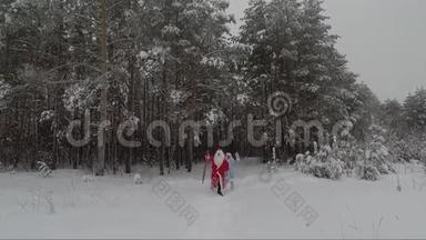 冬天，圣诞老人穿着一件红色外套，带着一个袋子，留着白胡子，还有一个小孙女